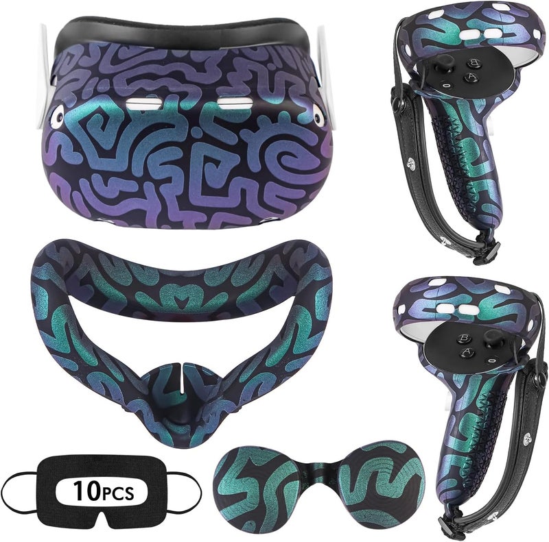 Relohas VR Accessories for Oculus Quest 2, Silicone Set for Meta Quest 2, Include Controller Grip Leather Cover, VR Shell Cover, Face Cover, Lens Cover and 10PCS Disposable Eye Cover(Magical) - Image 1